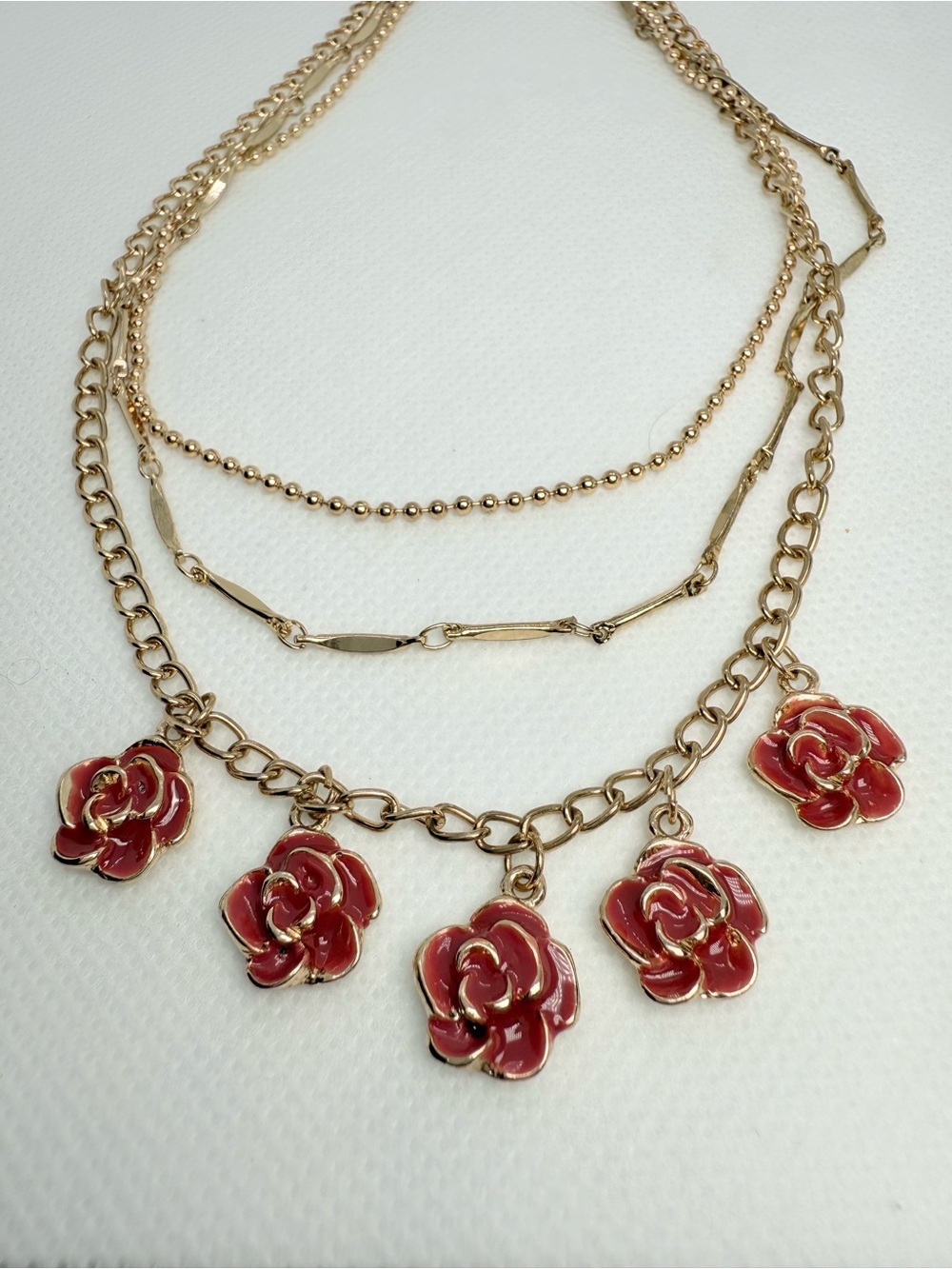 Disney! Gold-Tone Layered Necklace with Red Rose Charms